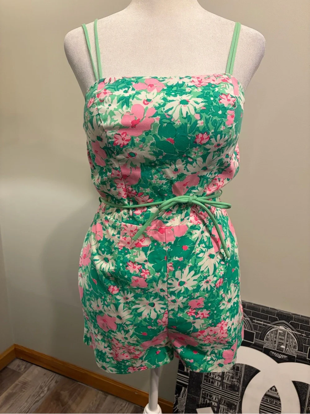 Floral Green & Pink Tie-Waist Romper - Picture 10 of 13